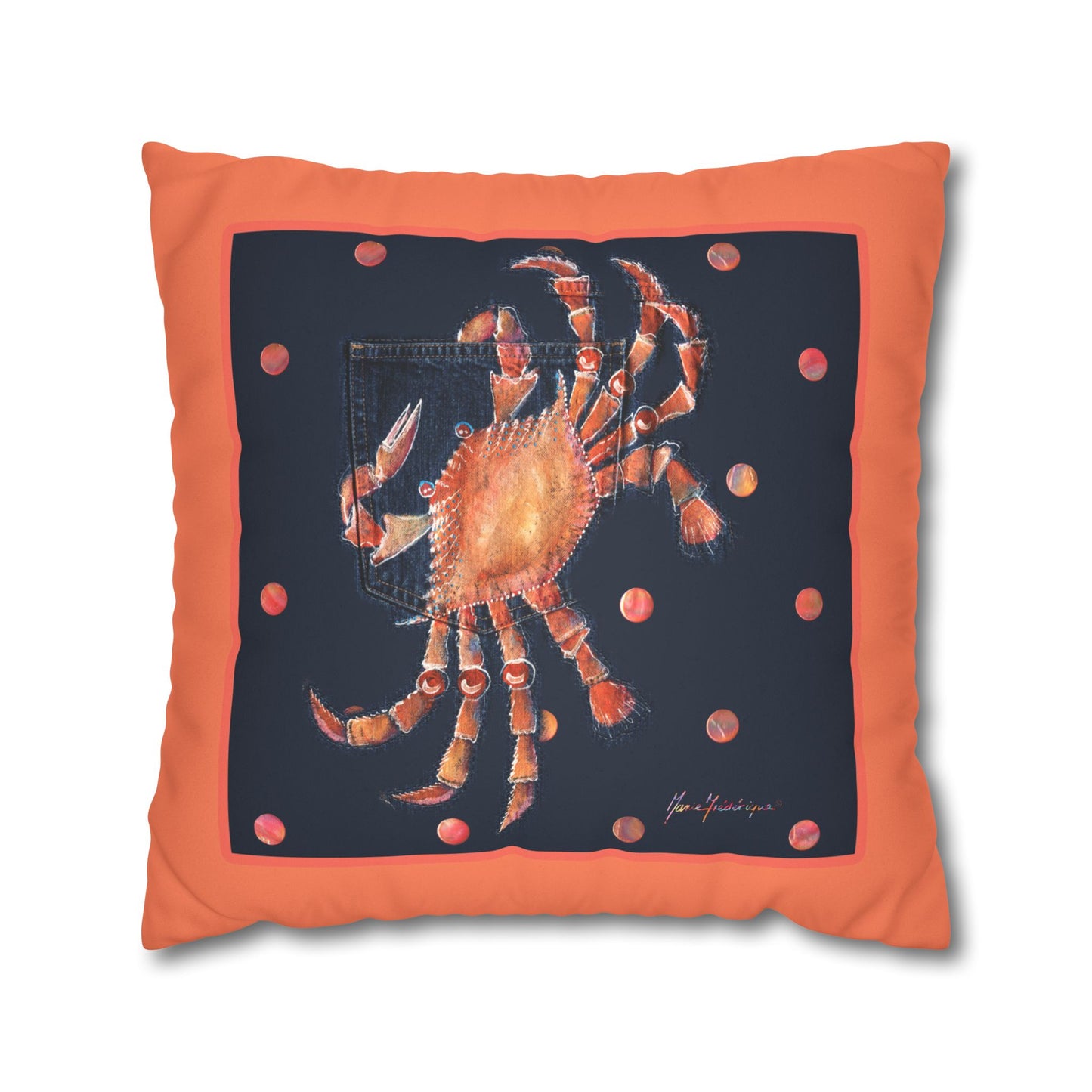 Crab Art Faux Suede Pillowcase — Orange Coastal Square Throw Pillow Cover by artist Marie Frederique