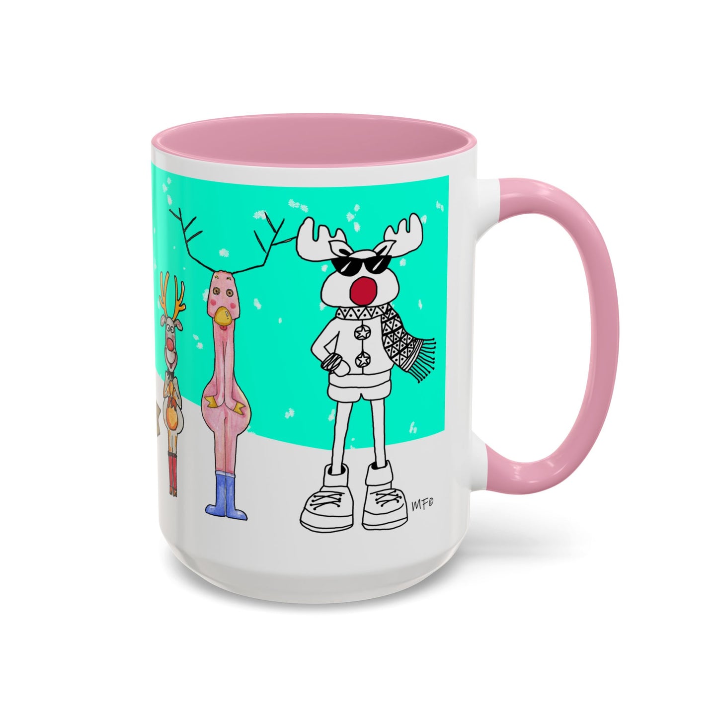 Santa's Job application line up, Christmas Mug, by artist Marie Frederique
