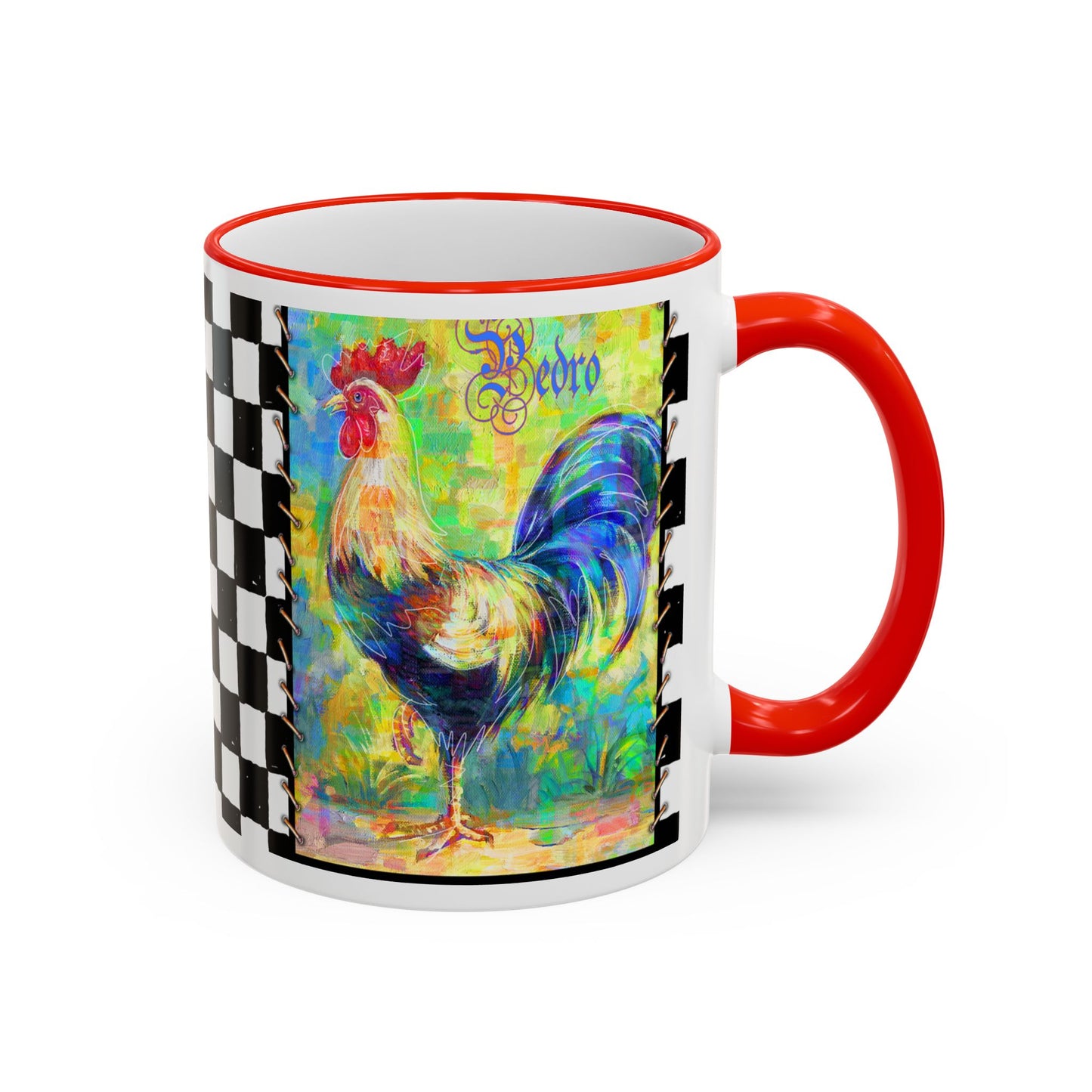 Checkerboard Chickens Accent Mug — Pedro & Fan Fair, Colorful Abstract Rooster Design (11oz, 15oz) by artist Marie Frederique