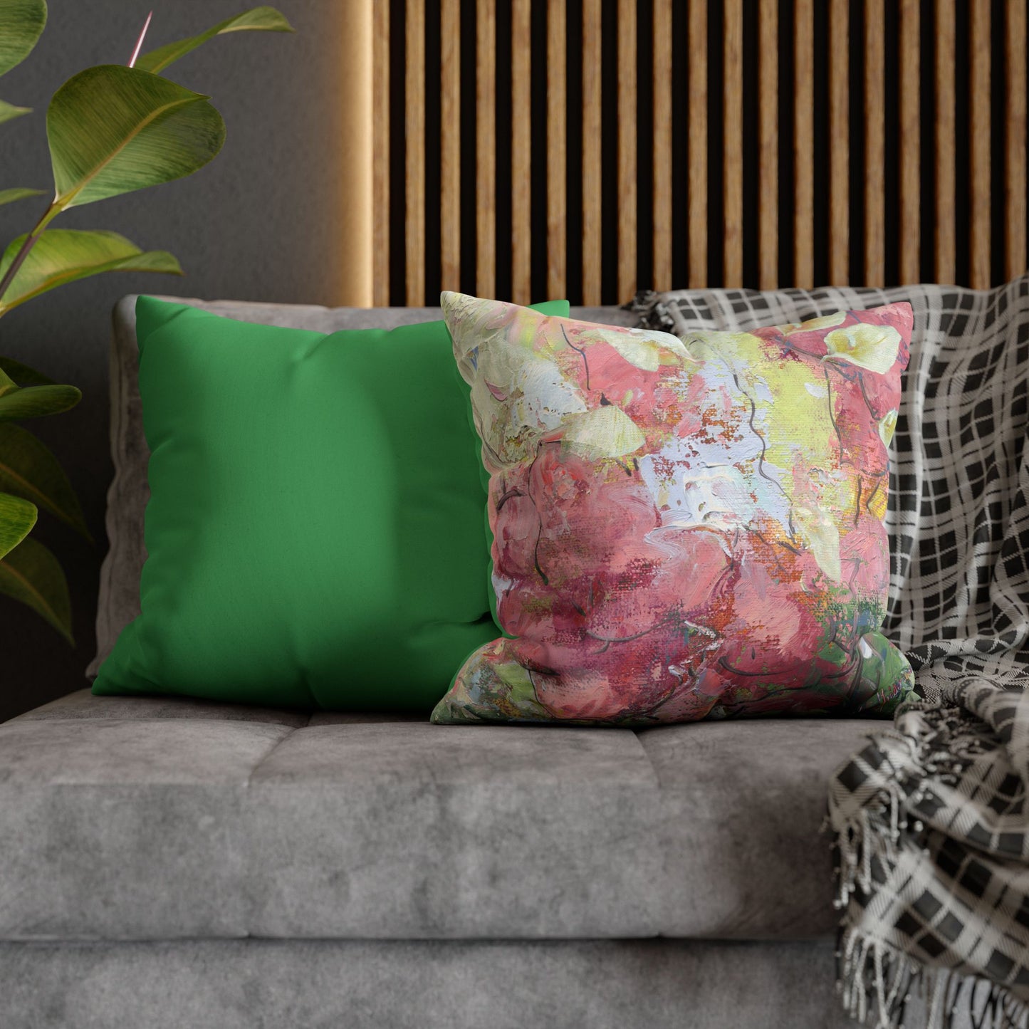 Floral Abstract Faux Suede Pillowcase – Pink Watercolor Square Throw Pillow Cover by artist Marie Frederique