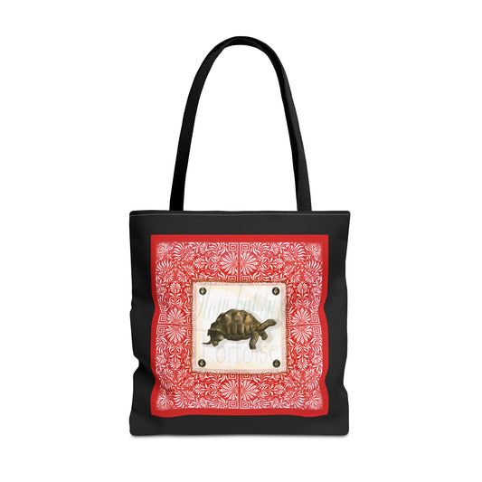 Tortoise, Red on black Tote Bag by artist Marie Frederique