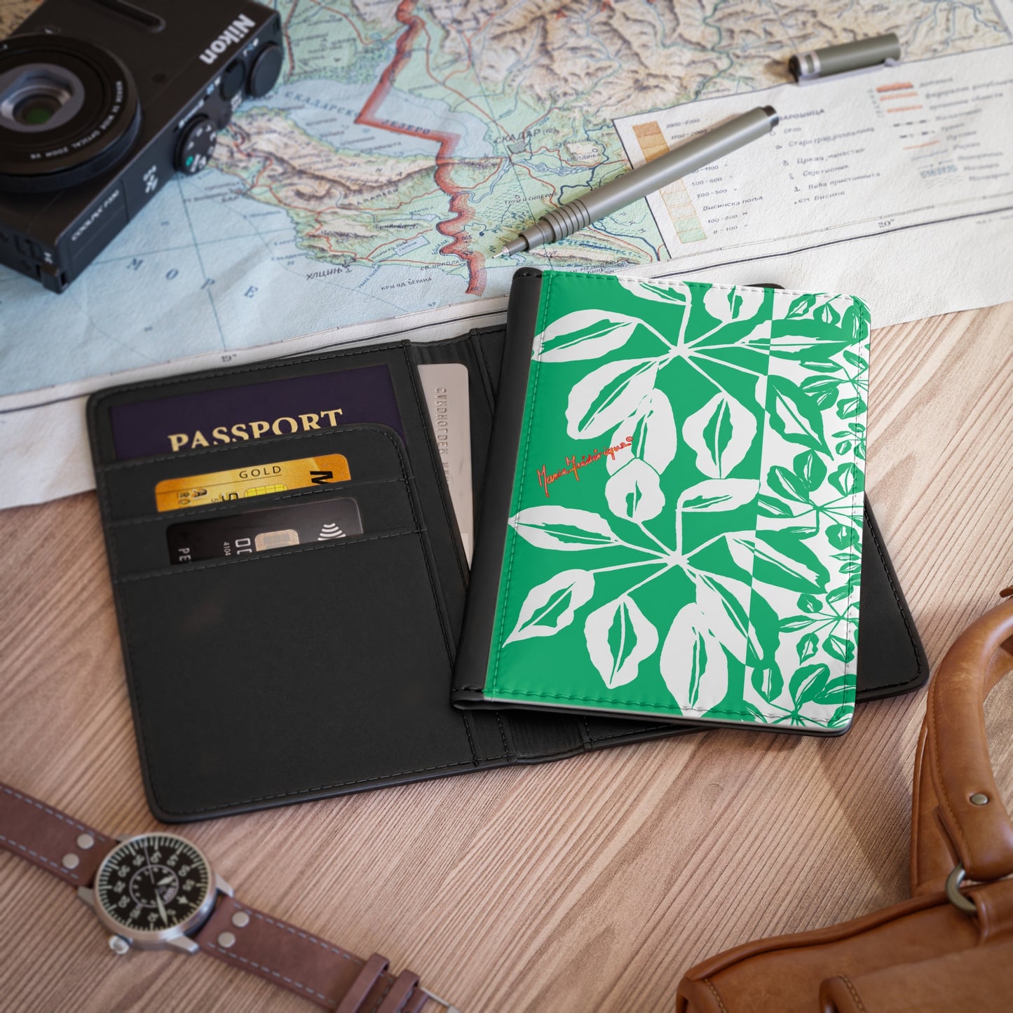 Passport Cover, Tropical leaves Green and White by artist Marie Frederique