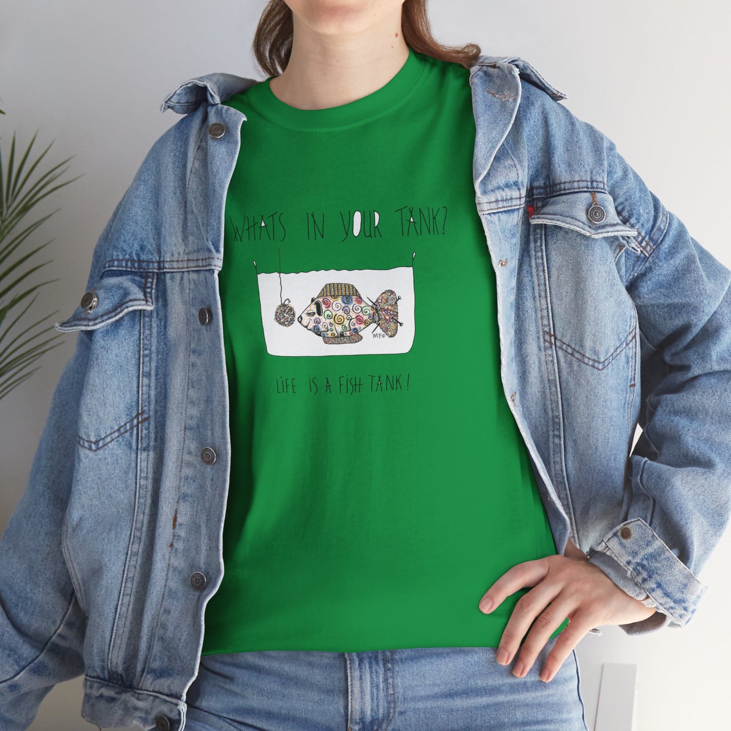 Life is a Fish Tank Collection, "What's in your tank?  Sheep Fish with a dangling ball of wool in front of it. Unisex Heavy Cotton Tee by artist Marie Frederique