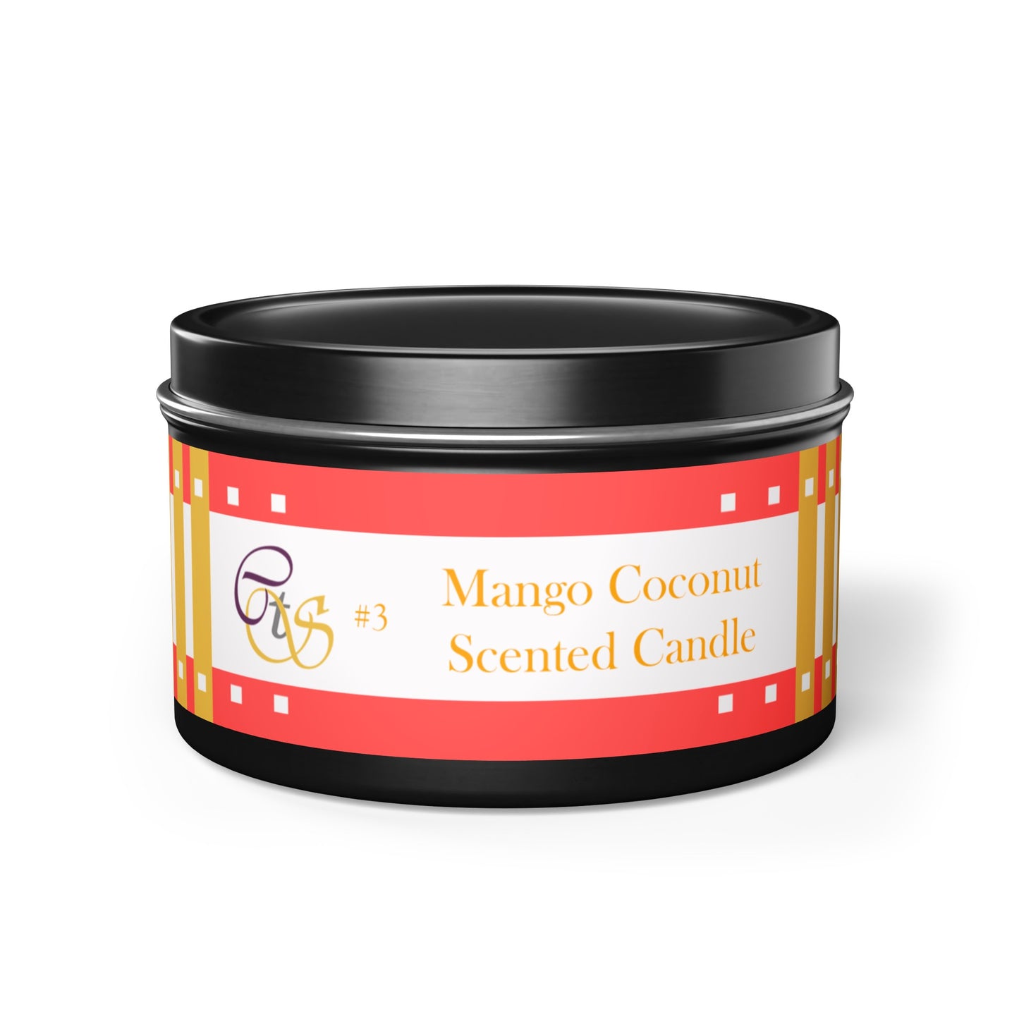 CTS #3 Candle Collection, "Mango Coconut" Scented Coconut Soy Wax Candle in a metal tin. 4 oz or 8 oz, 3 tin colors silver, black or gold