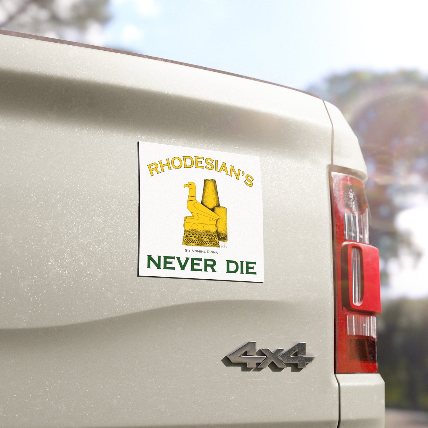 Rhodesian's Never Die, Sit Nomine Digna - Car Magnet 5" x 5" Green and yellow on white by Marie Frederique