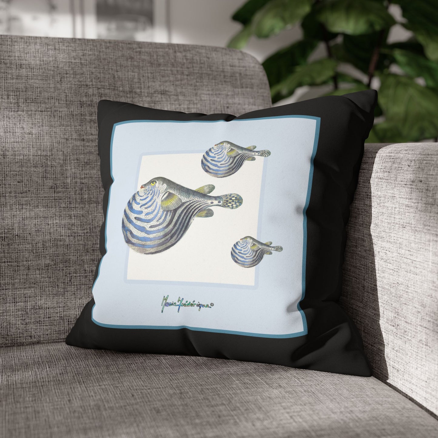 Blowfish Art Pillowcase - Faux Suede Square Decorative Throw Pillow by artist Marie Frederique