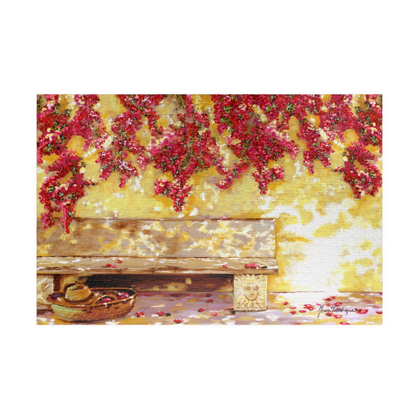 My Happy place - Bougainvillea Pink flowers and a stone bench, Jigsaw Puzzle by Artist Marie Frederique - Puzzle, 1014 - piece