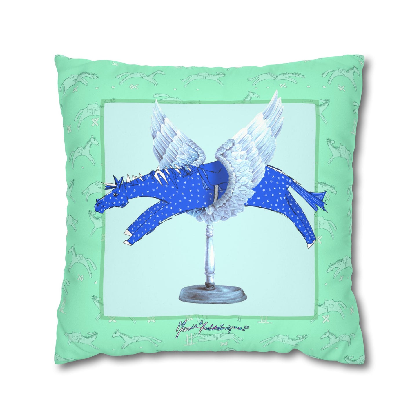 Winged Blue Horse Faux Suede Pillowcase — Decorative Square Throw Pillow Cover by artist Marie Frederique