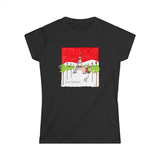Paris Winter Scene Tee — 'Les Champs' Eiffel Snowfall Women's T‑Shirt by artist Marie Frederique