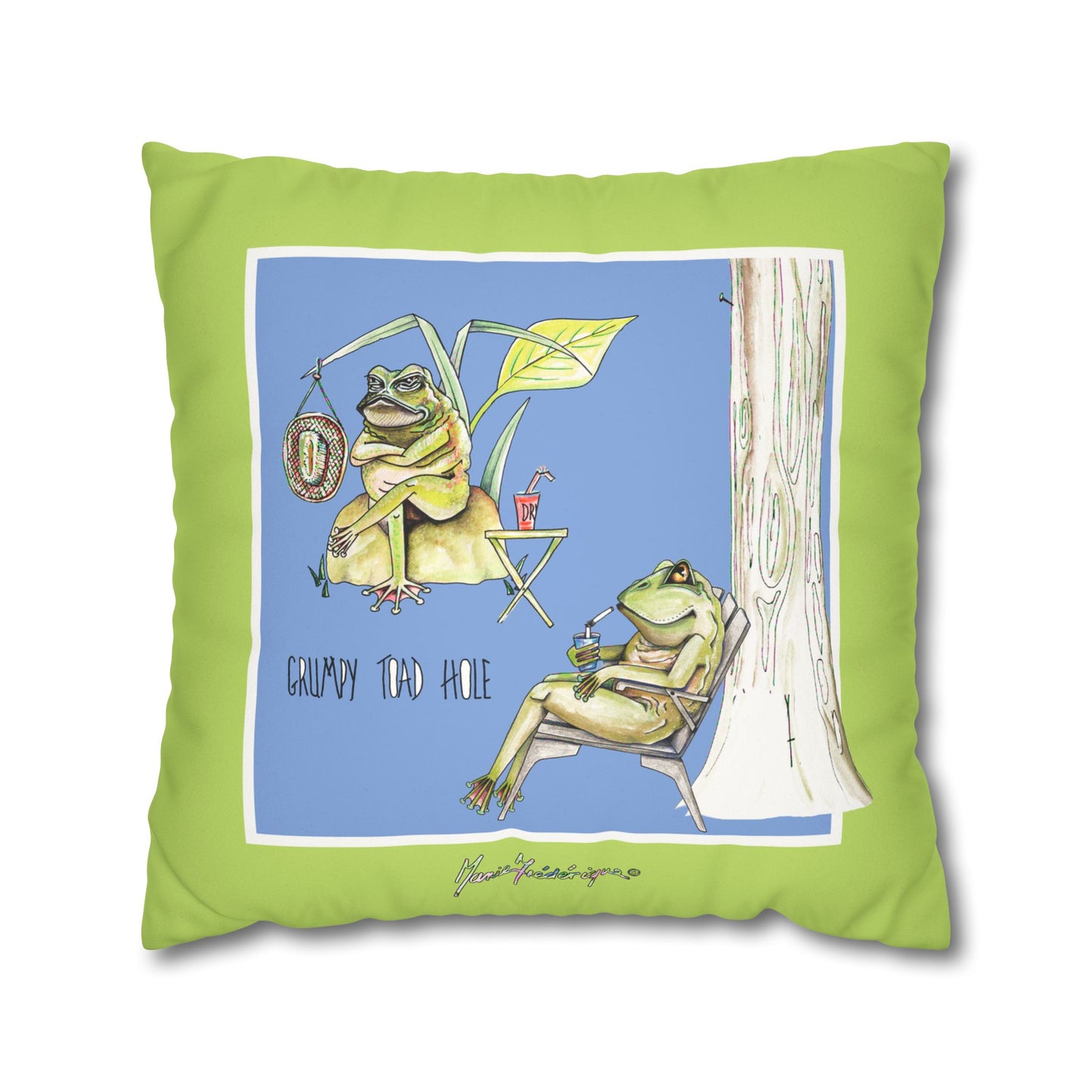 Grumpy Toad Hole - Frenchie Camping Square Pillowcase by artist Marie Frederique