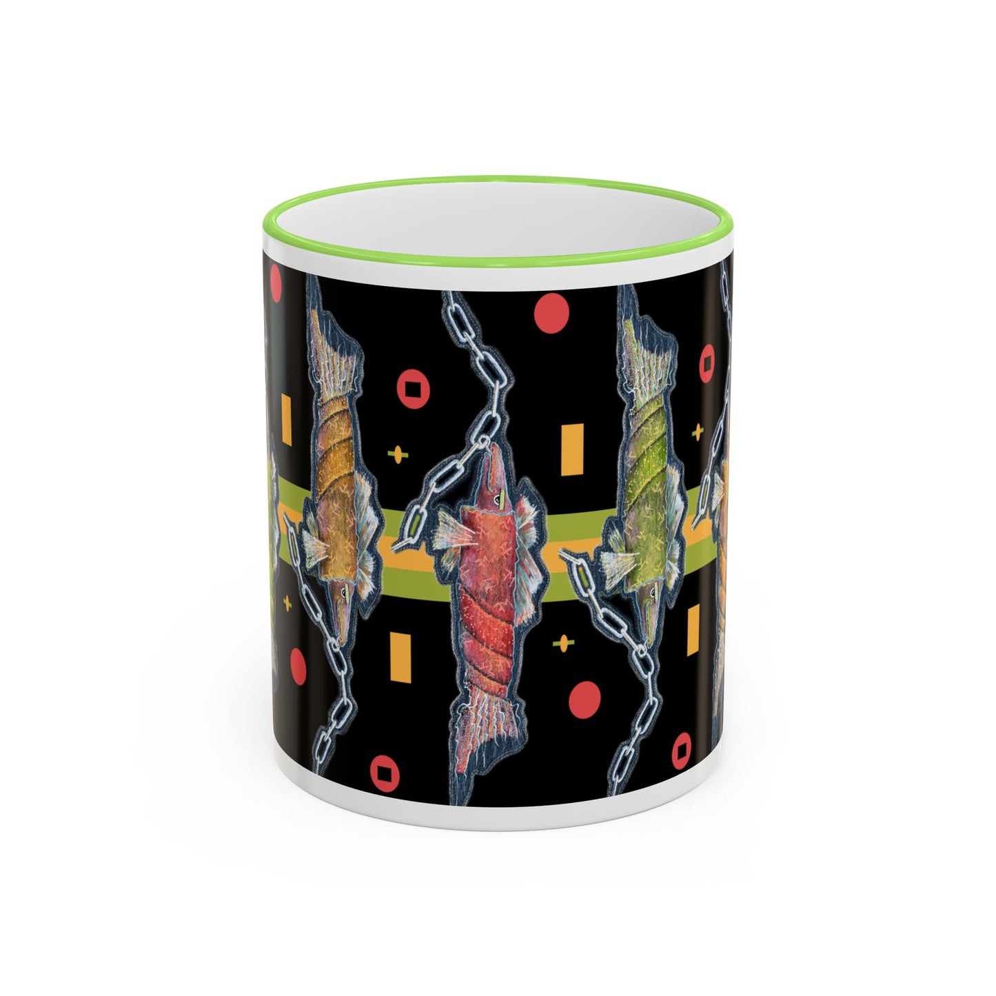 Abstract Neon Fish Pattern Mug — Accent Rim & Handle Ceramic Coffee Cup (11oz/15oz) by artist Marie Frederique
