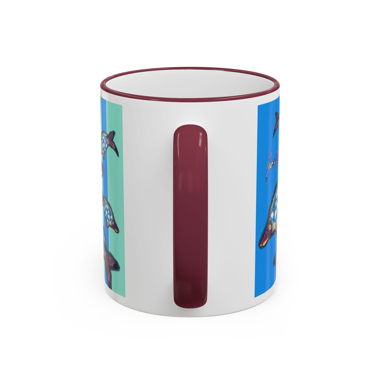 Blue Flying Fish Accent Rim Mug — Nautical Ceramic Coffee Cup (11oz/15oz) by artist Marie Frederique