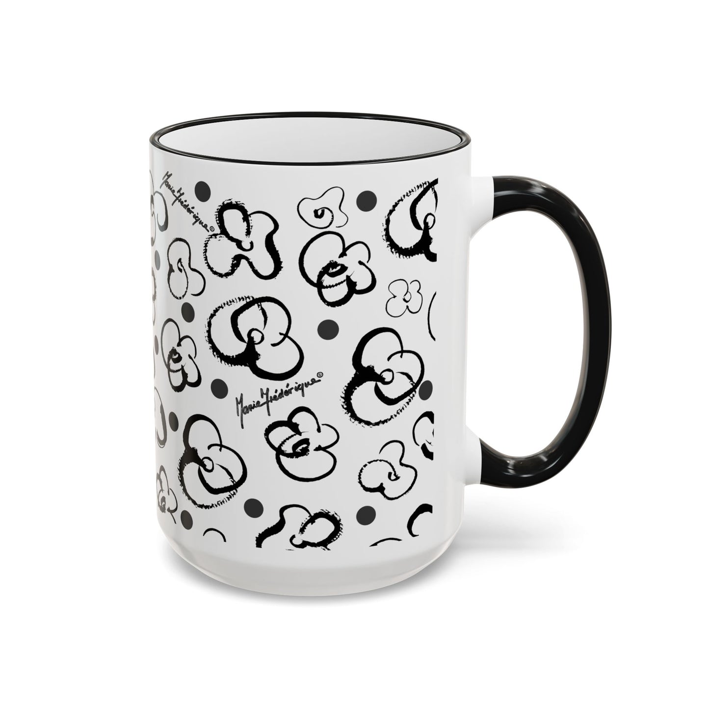 Black & White Floral Brush Doodle Accent Mug (11oz/15oz) by artist Marie Frederique