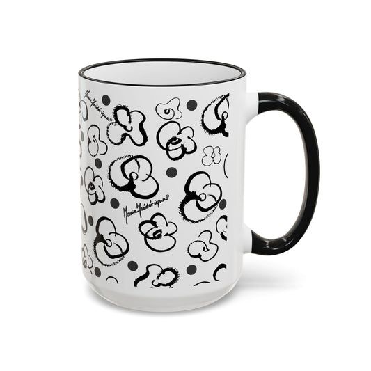 Black & White Floral Brush Doodle Accent Mug (11oz/15oz) by artist Marie Frederique