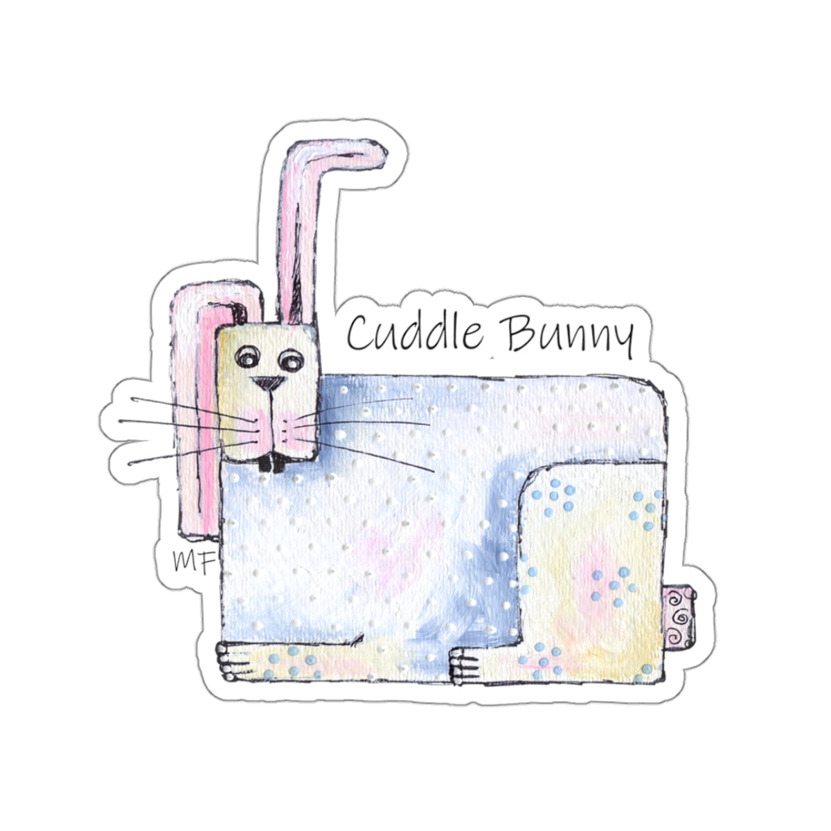 Cuddle Bunny Sticker in Blues and pinks by artist Marie Frederique