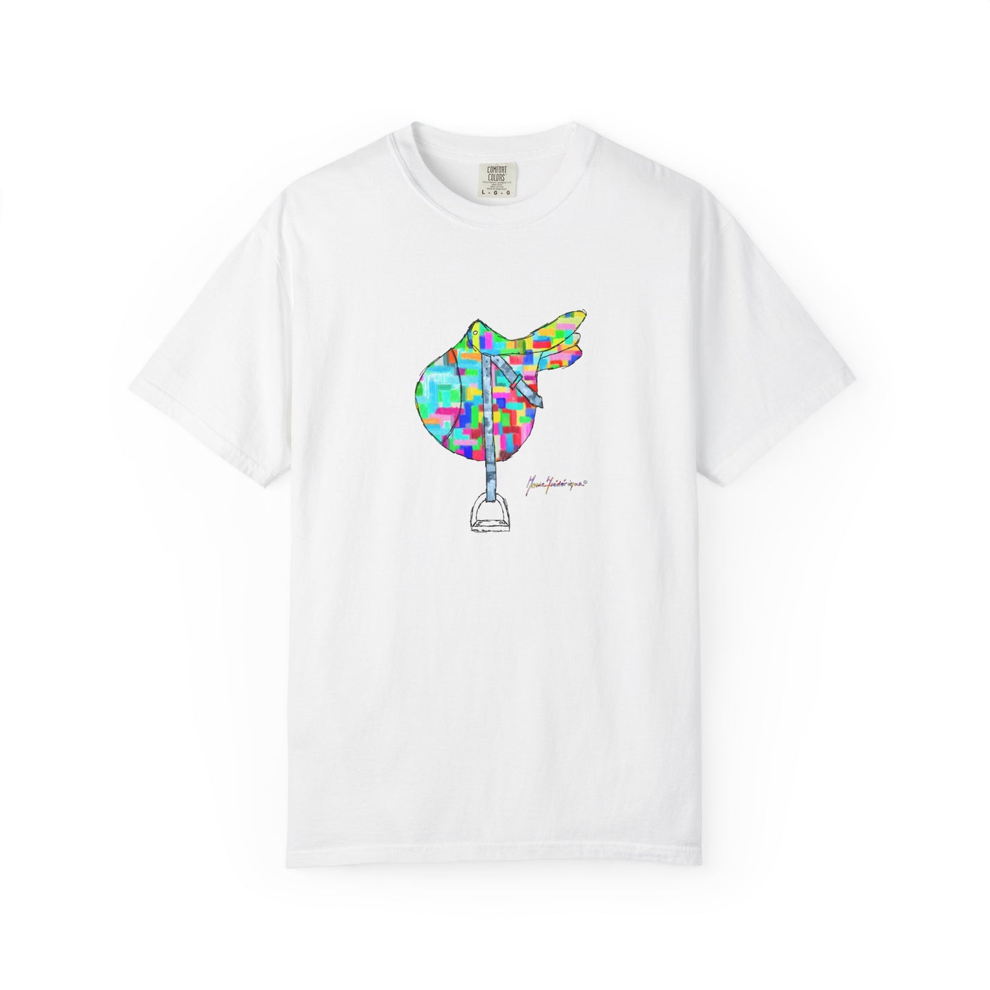 Saddle Patchwork T-Shirt — Colorful Equestrian Graphic Tee by artist Marie Frederique