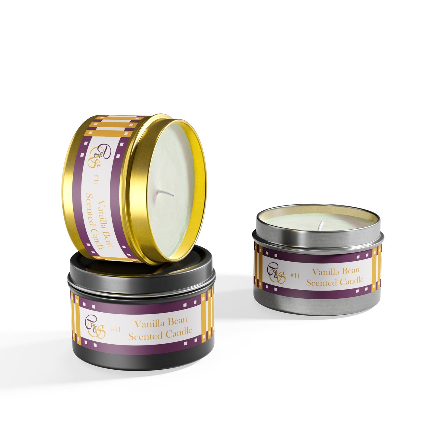 CTS #11 Candle Collection "Vanilla Bean" Scented Coconut Soy Wax Candle in a metal tin. 4 oz or 8 oz, 3 tin colors silver, black or gold