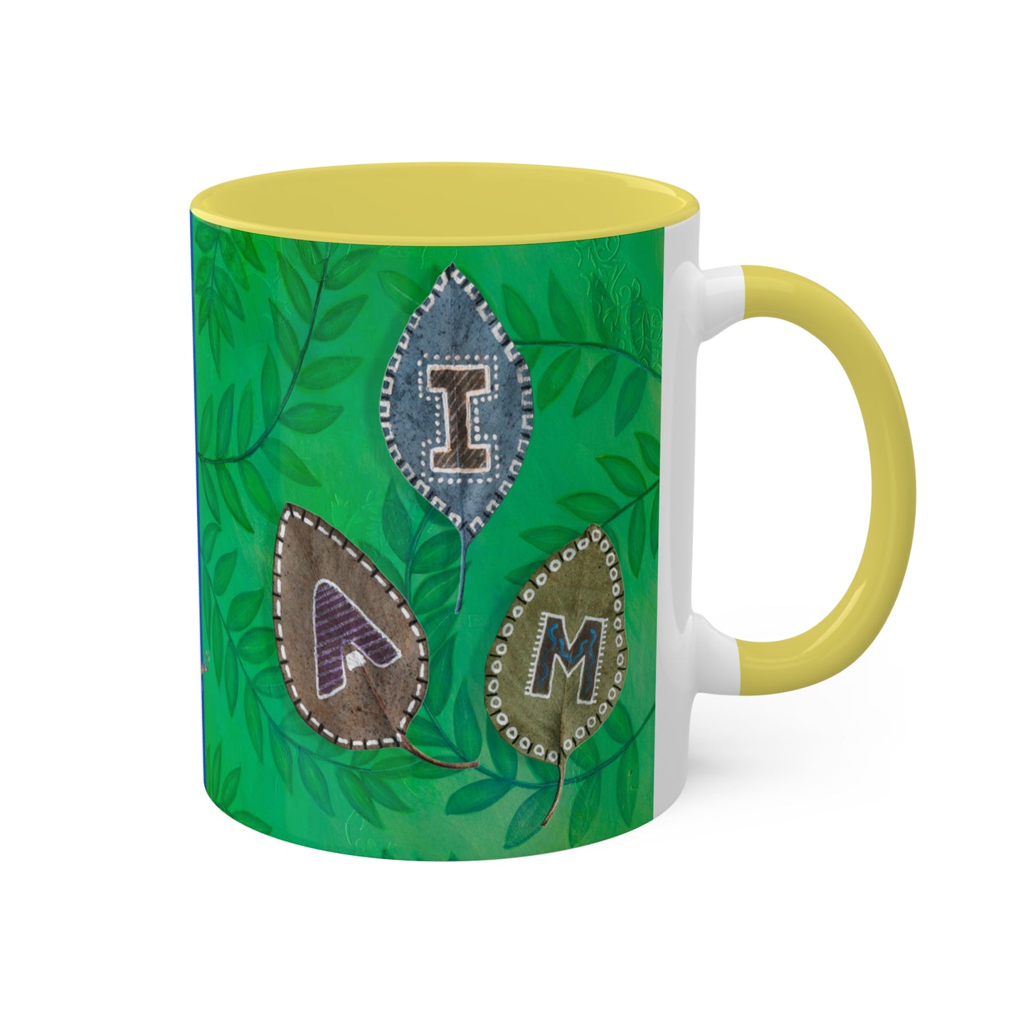 I AM Collection with painted Alphabet leaves - in 5 Color options Black, Cambridge Blue, Yellow, Light Green and Maroon Mugs, 11oz By Artist Marie Frederique