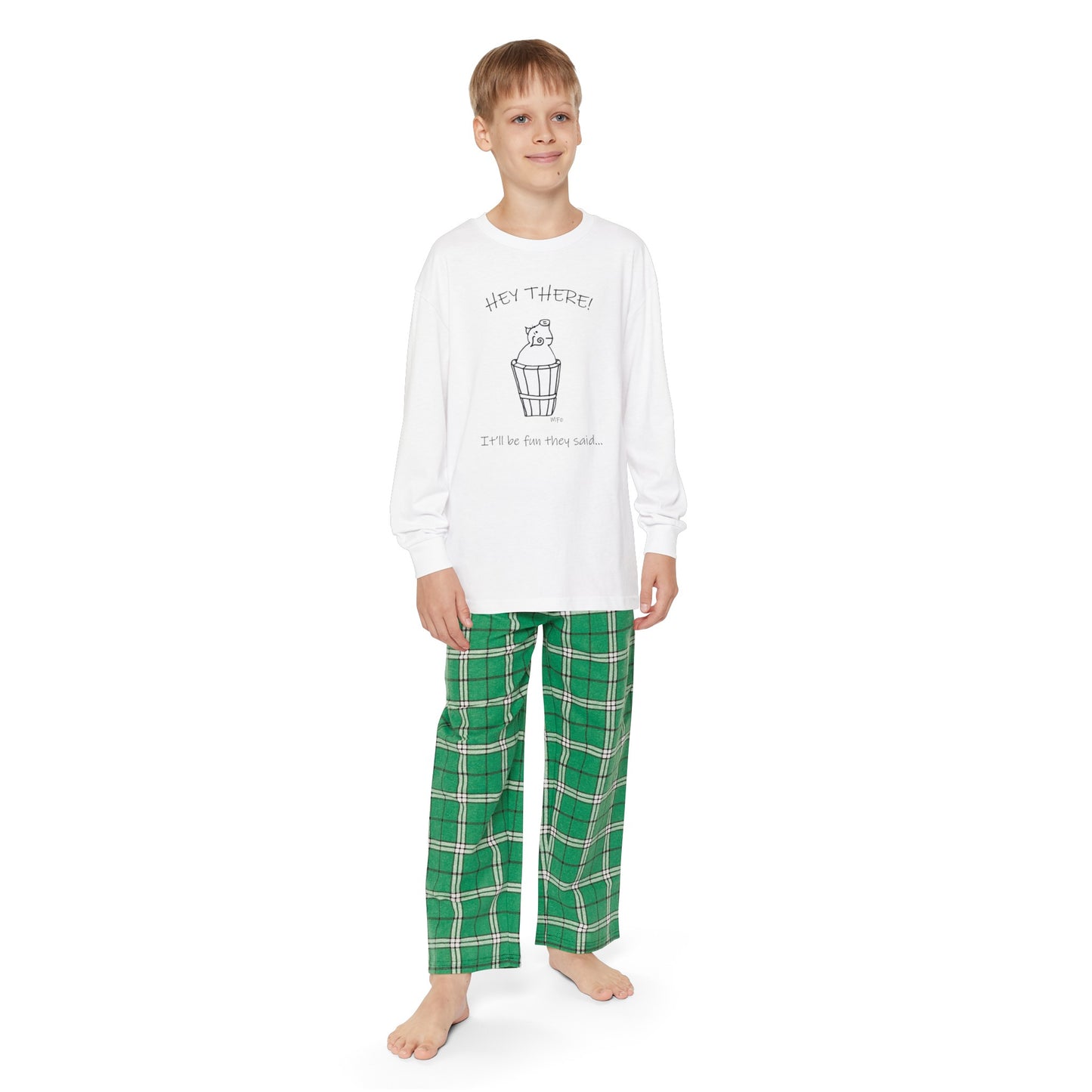 Pig in a barrel - HEY THERE it'll be fun they said...Youth Long Sleeve Holiday Outfit Set in Red or Green by artist Marie Frederique