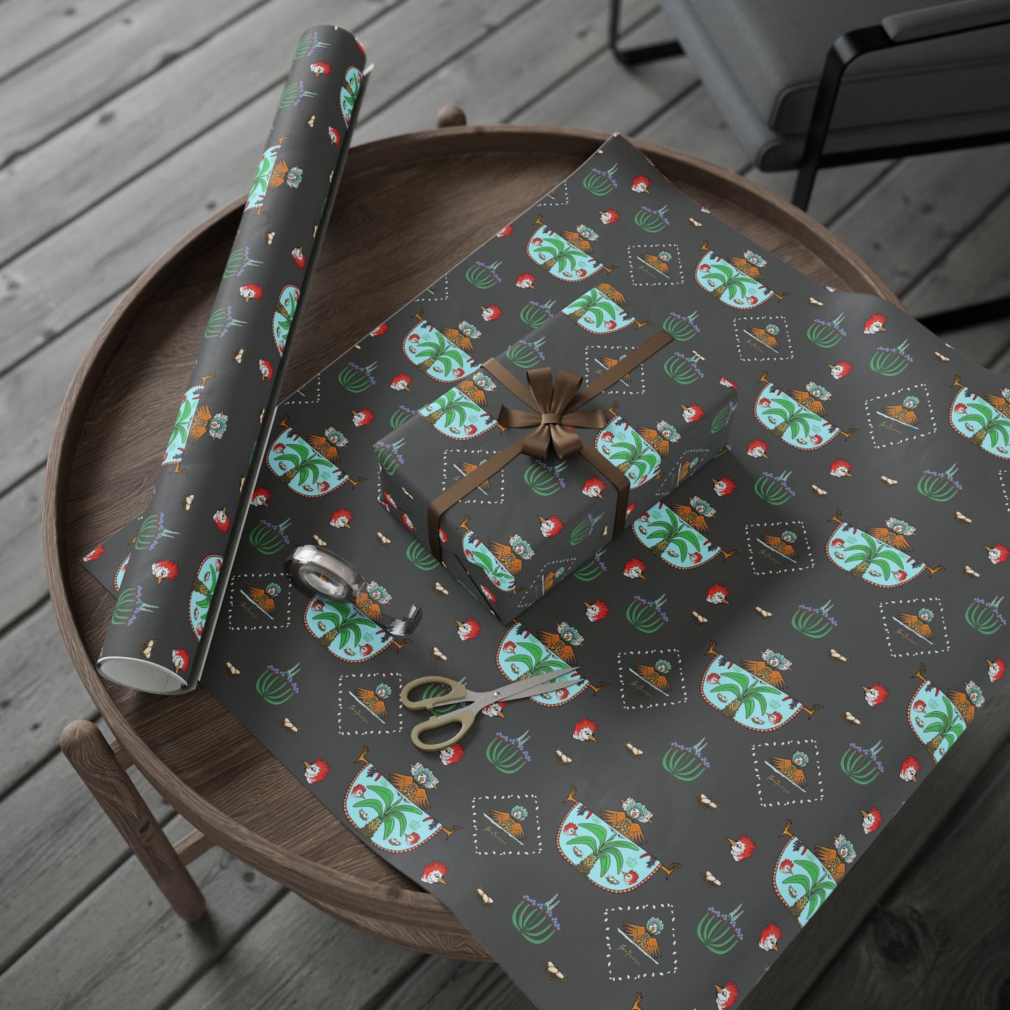 Chicken Dancing Pattern on Charcoal Background Wrapping Paper by artist Marie Frederique