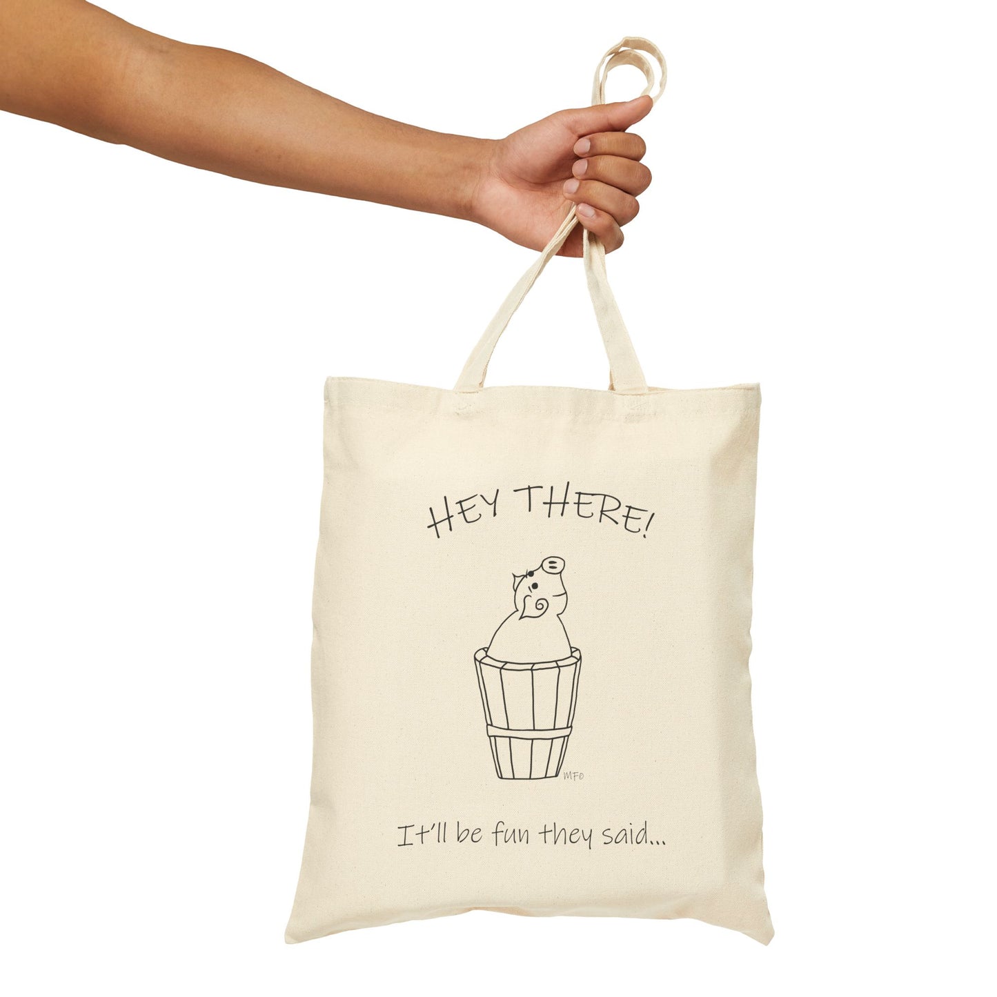 Canvas Tote Bag - It'll be fun, Fun Pig in a Barrel Design by artist Marie Frederique