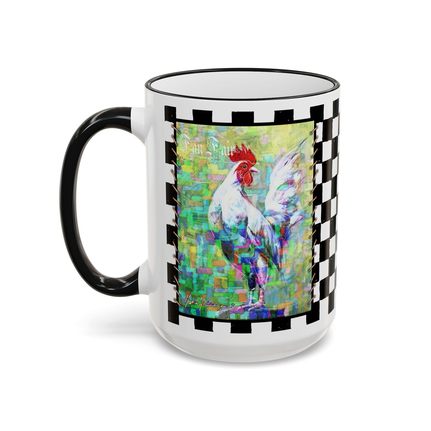 Checkerboard Chickens Accent Mug — Pedro & Fan Fair, Colorful Abstract Rooster Design (11oz, 15oz) by artist Marie Frederique