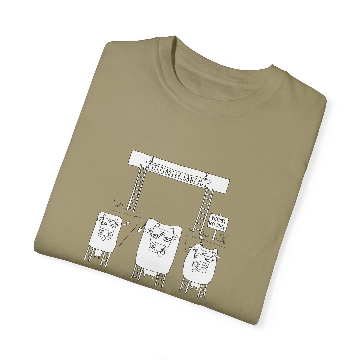 A Tres Leches Whimsical Stepladder Ranch Cows, in 6 colors - Unisex Garment-Dyed T-shirt by artist Marie Frederique