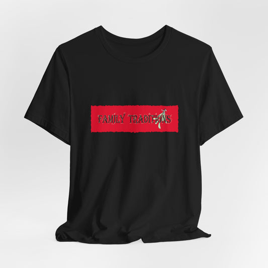 Family Traditions Mistletoe T‑Shirt — Christmas Red Banner Graphic Tee by artist Marie Frederique