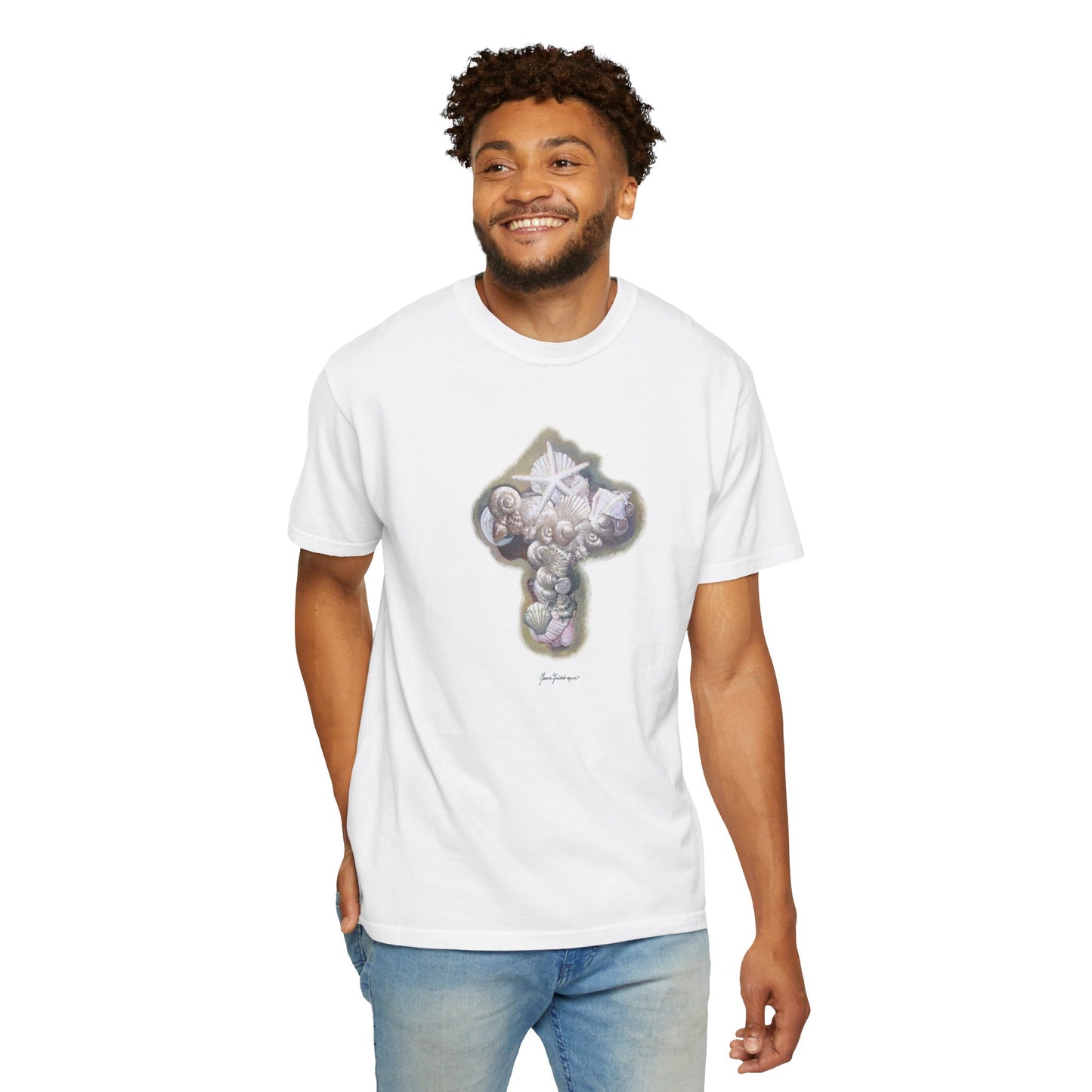 Cross of seashells, Coastal Graphic T-Shirt by artist Marie Frdeerique