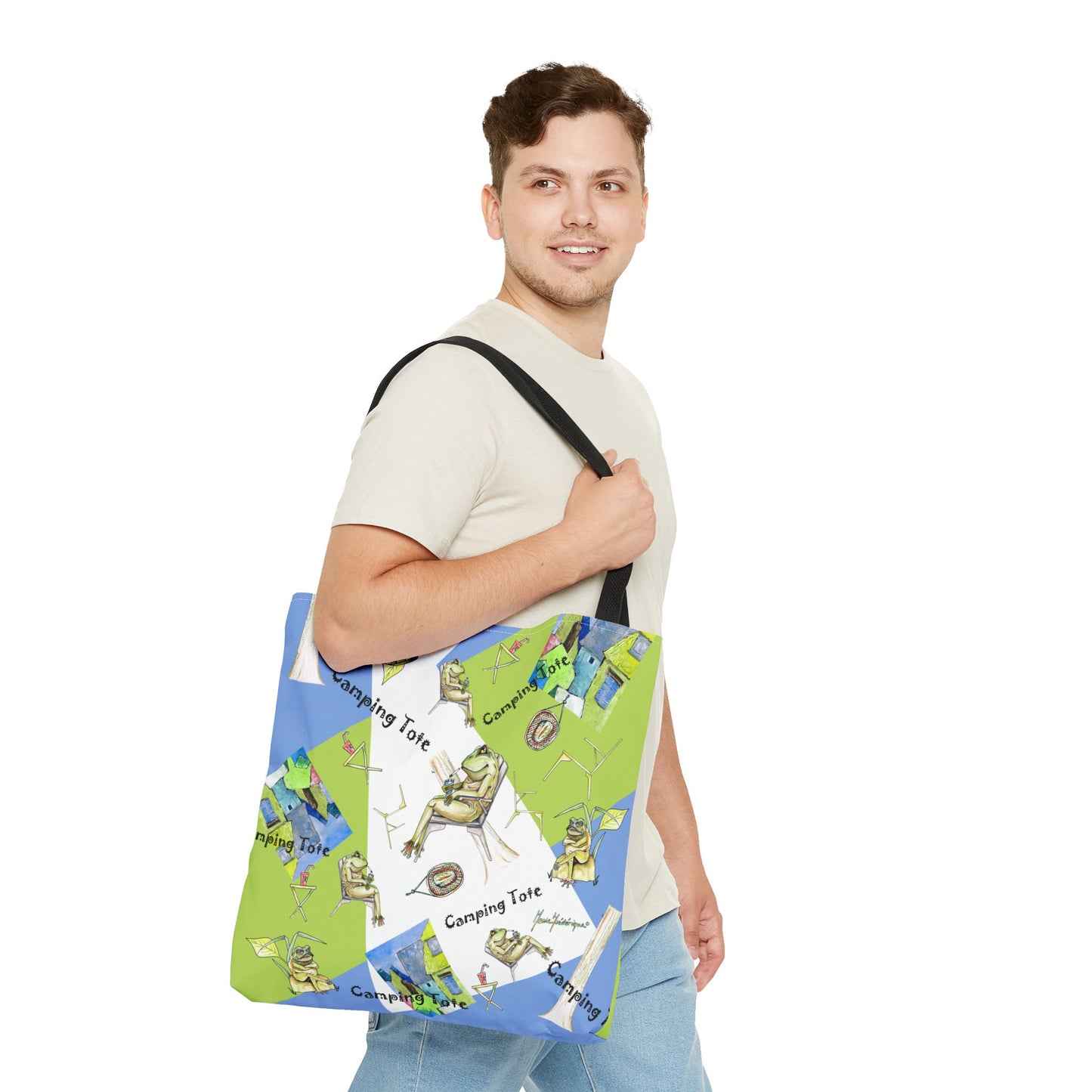 Camp Frog Adventure Tote Bag by artist Marie Frederique