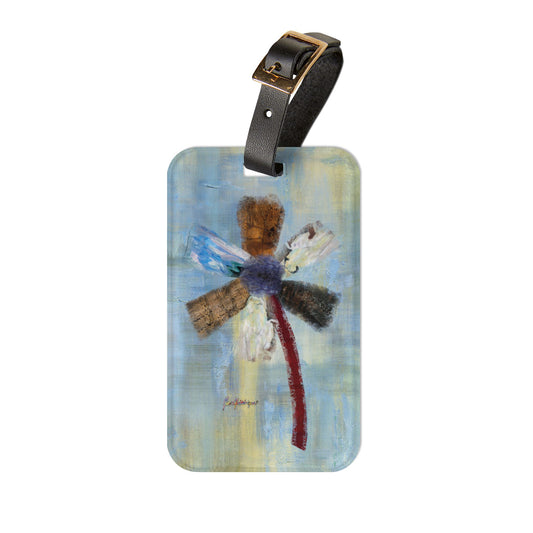 Luggage Tag with leather strap, Abstract floral on a blue background by artist Marie Frederique