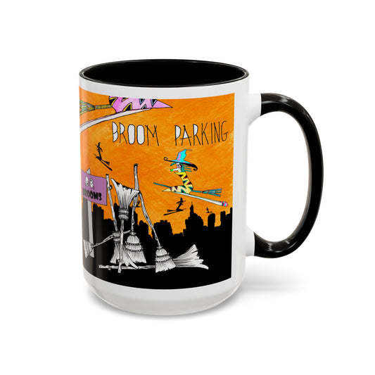 Mug - Delightful Witches Broom Parking - Fall Whimsical Designer Image by artist Marie Frederique