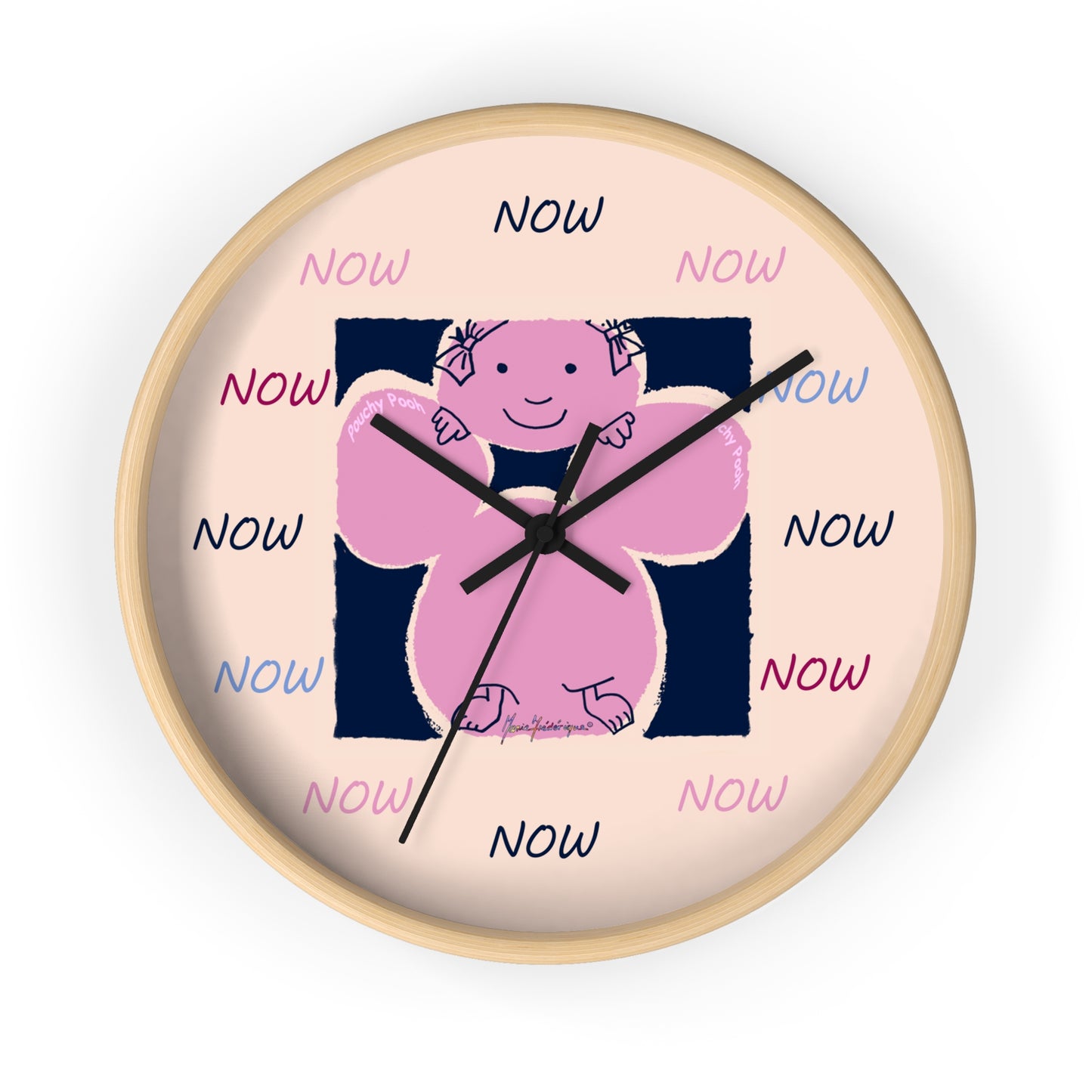 NOW - Wall Clock Pouchy Pooh (Pronounced Puchi Poo) in pink and navy by Artist Maria Frederique