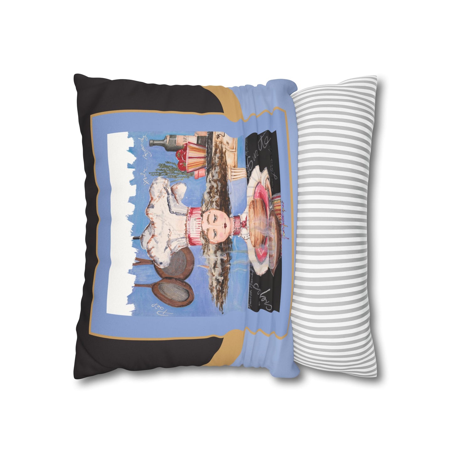 Chef, Crepes Suzette Faux Suede Pillowcase — Whimsical Chefetteville Kitchen Decor by artist Marie Frederique