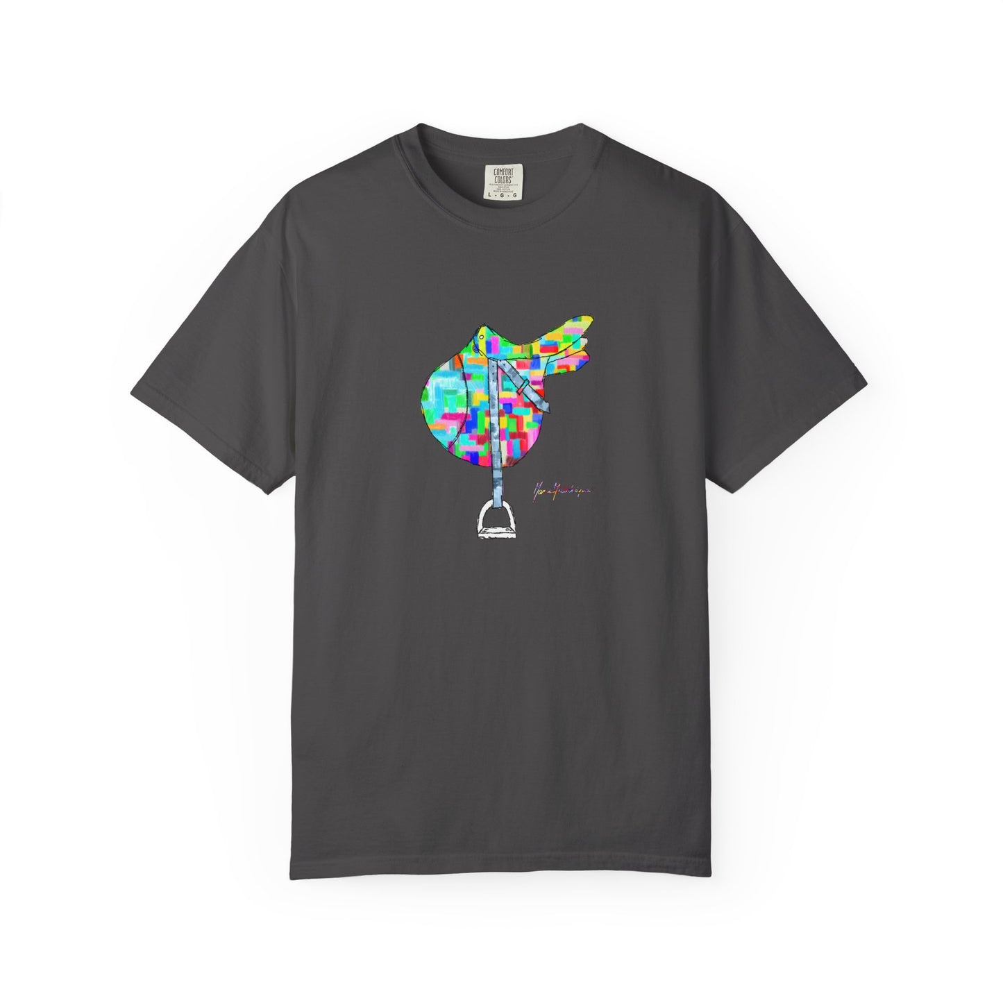 Saddle Patchwork T-Shirt — Colorful Equestrian Graphic Tee by artist Marie Frederique