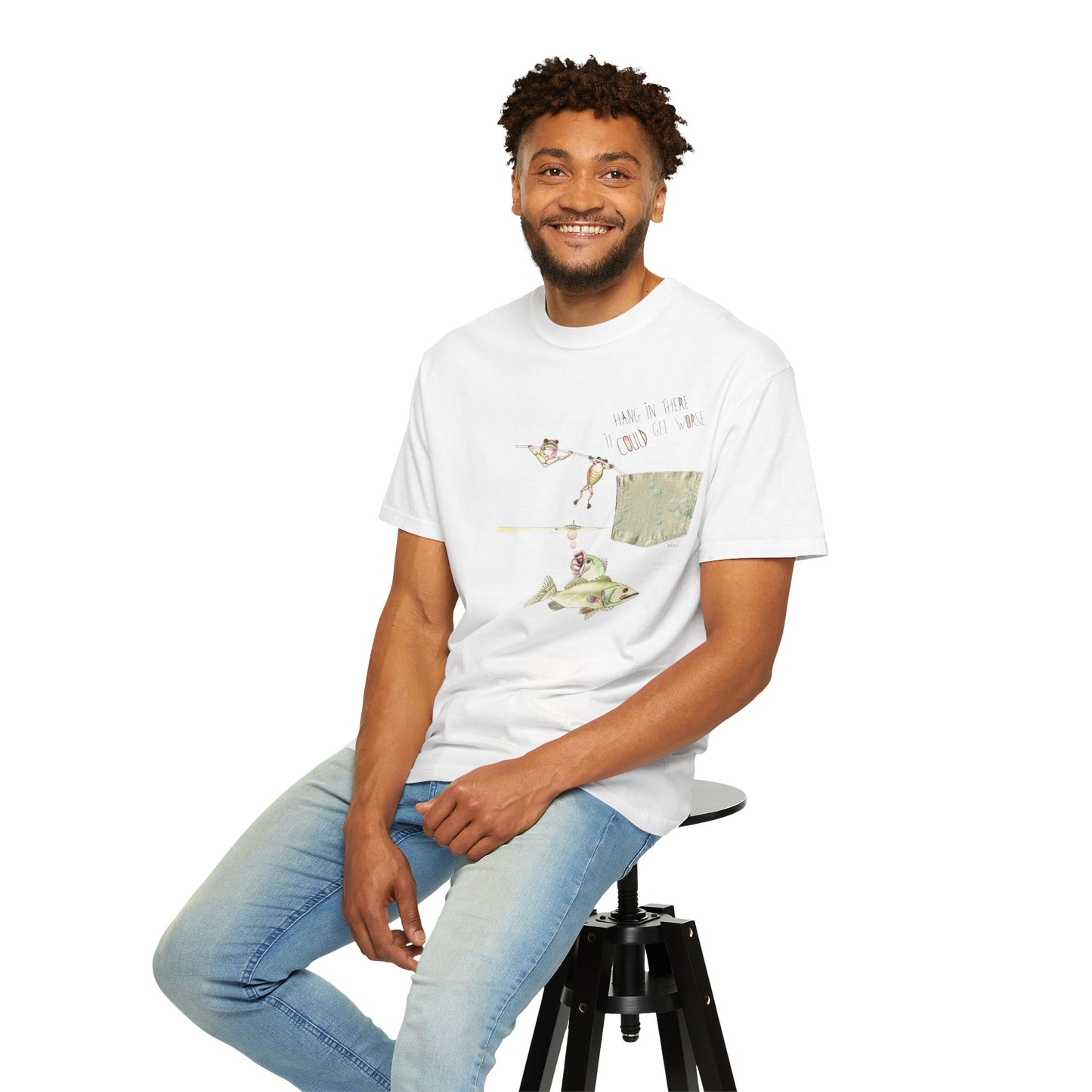 Fishing Graphic T-Shirt — Bass & Fisherman Illustration Tee by artist Marie Frederique