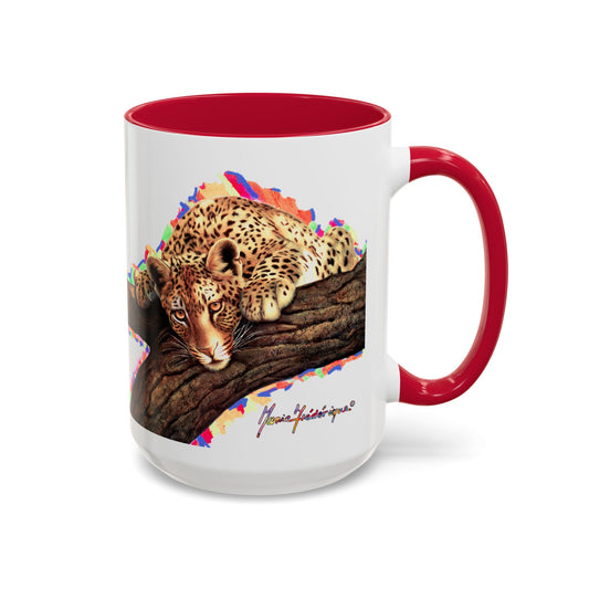 Leopard in a tree, "Remember, you're always being watched!" Mug by Artist Marie Frederique
