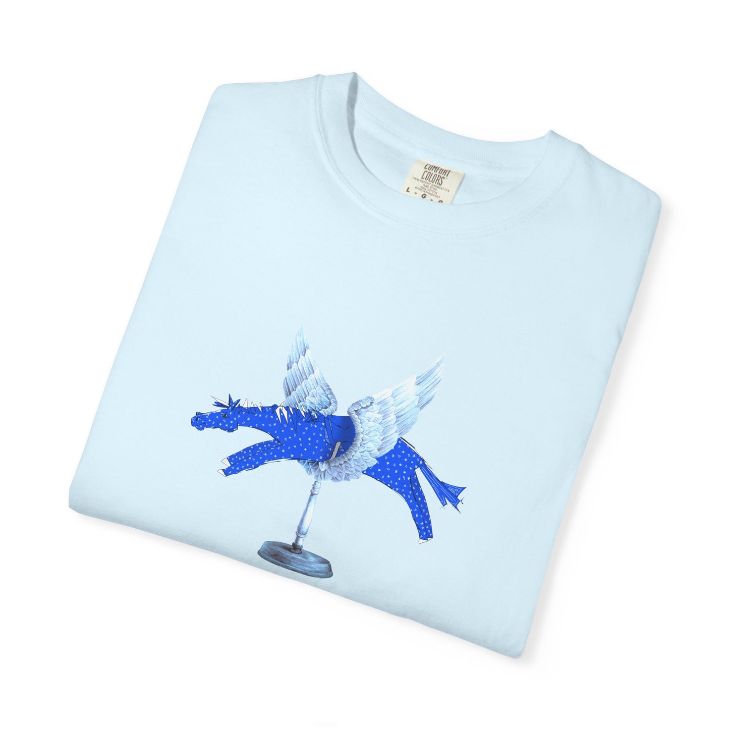 Winged Blue Horse Graphic T-Shirt — "Love Conquers" Equestrian Art Tee by artist Marie Frederique