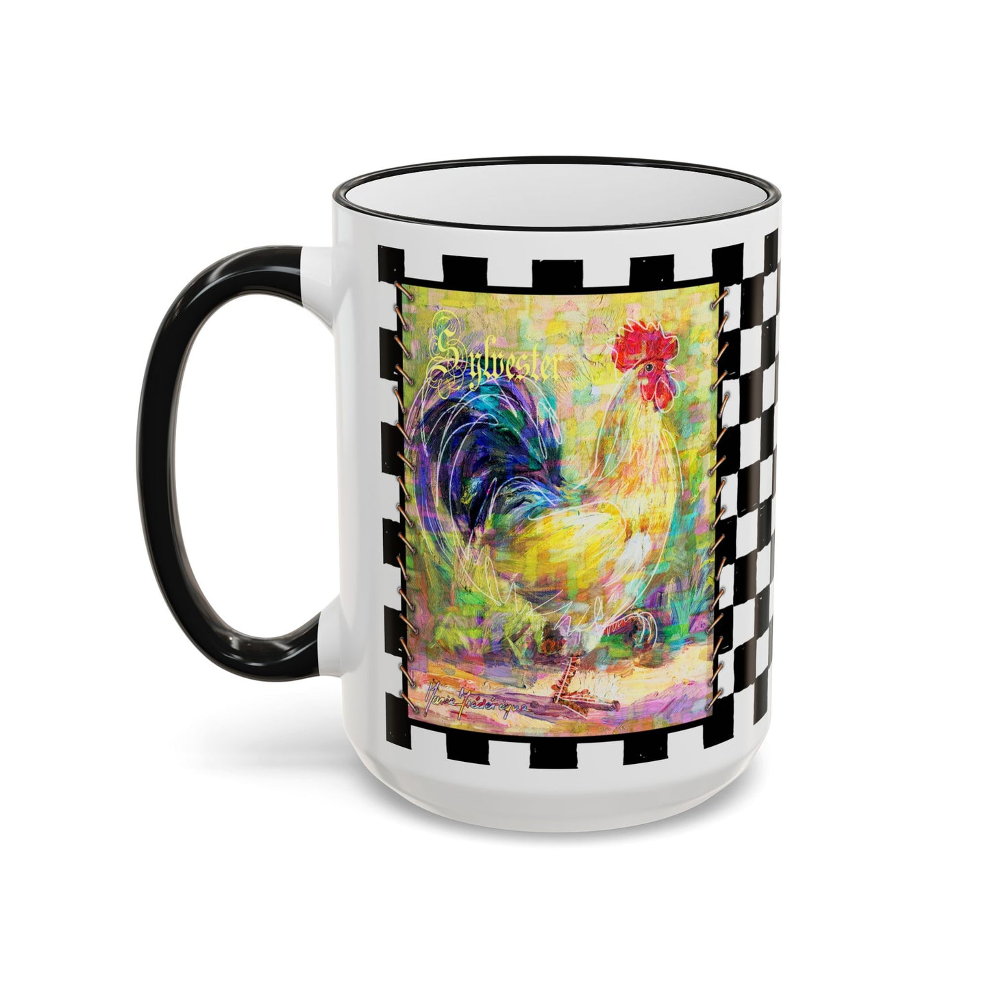 Checkerboard, Slo Mo & Sylvester Rooster Accent Rim Mug — Colorful Farmhouse Coffee Cup (11oz & 15oz) by artist Marie Frederique