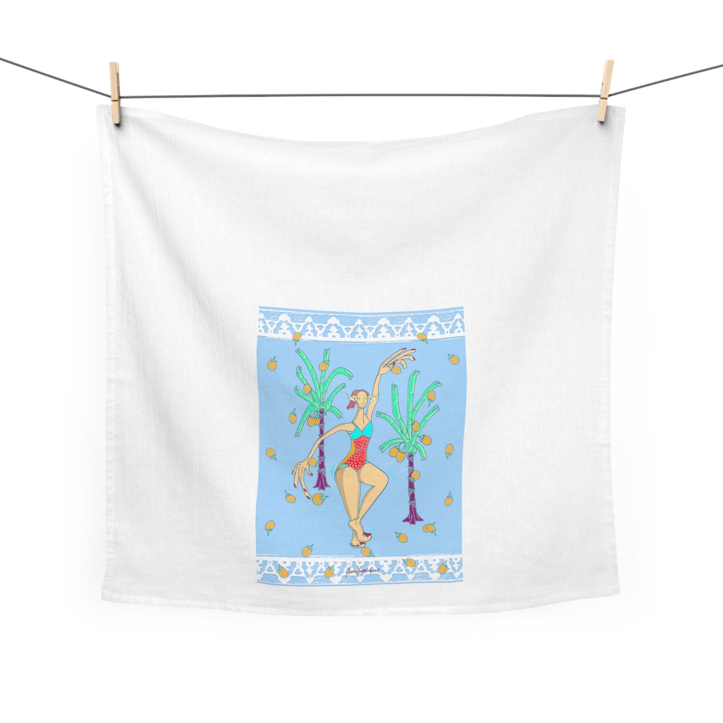 Tropical Garden Tea Towel – Fruit & Palm Print Kitchen Towel by artist Marie Frederique