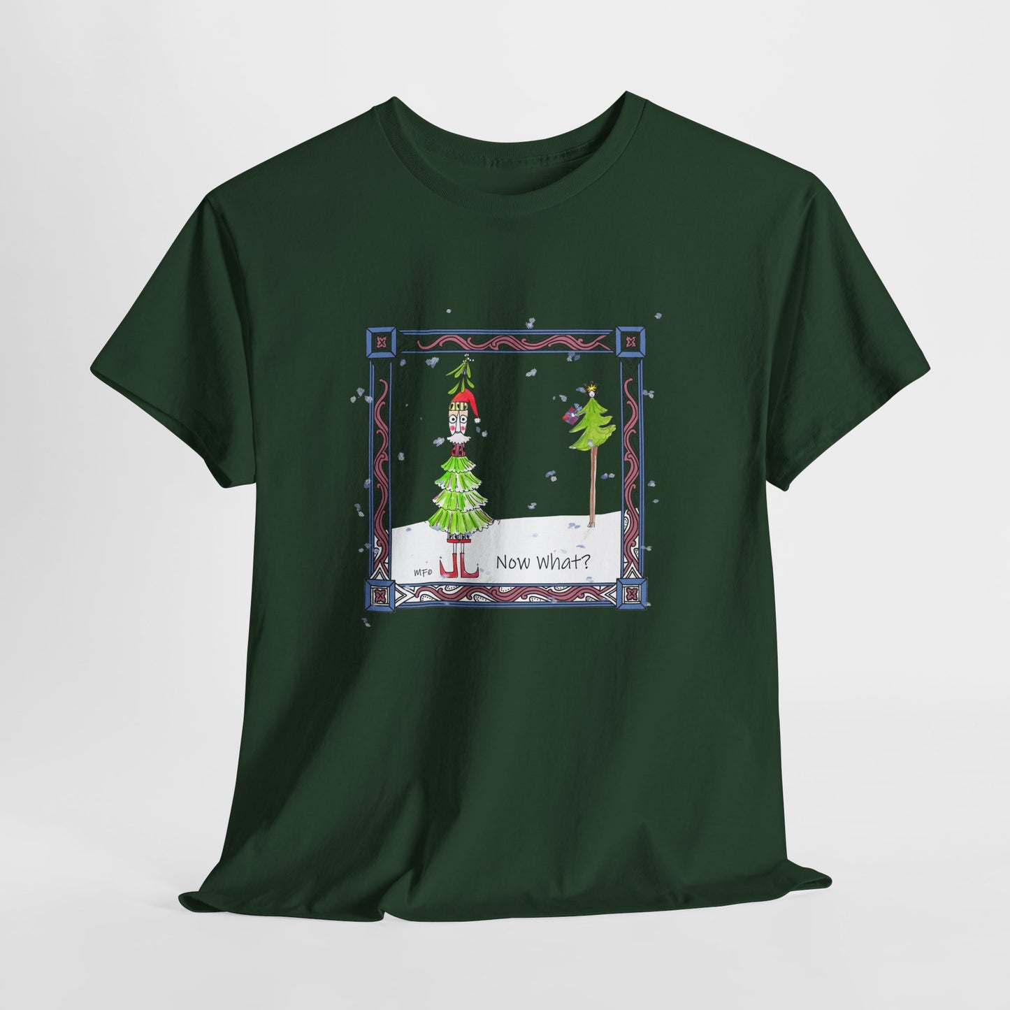 Mistletoe Christmas Tree Elf T-Shirt – Funny "Now What?" Holiday Tee by artist Marie Frederique