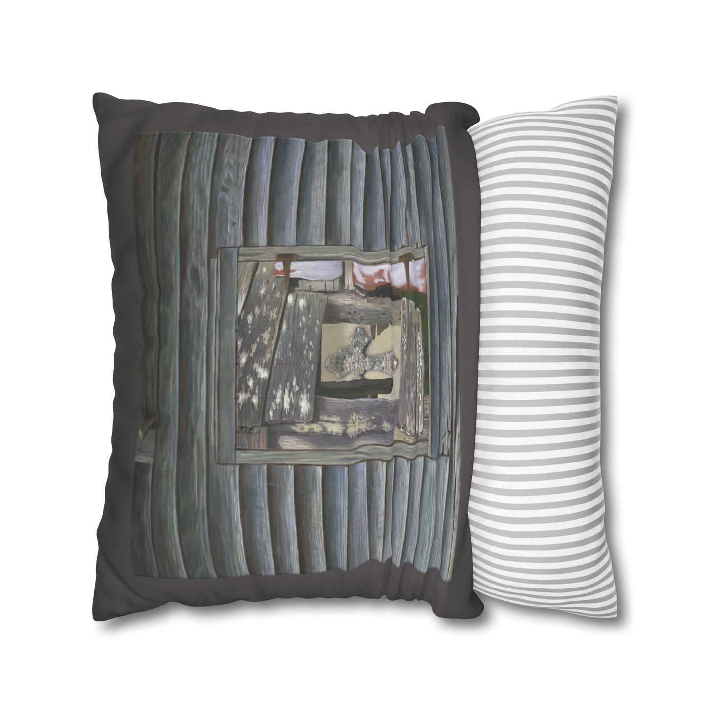 Christian Faux Suede Pillowcase — Driftwood Cabin Log Wall Throw Pillow Cover by artist Marie Frederique