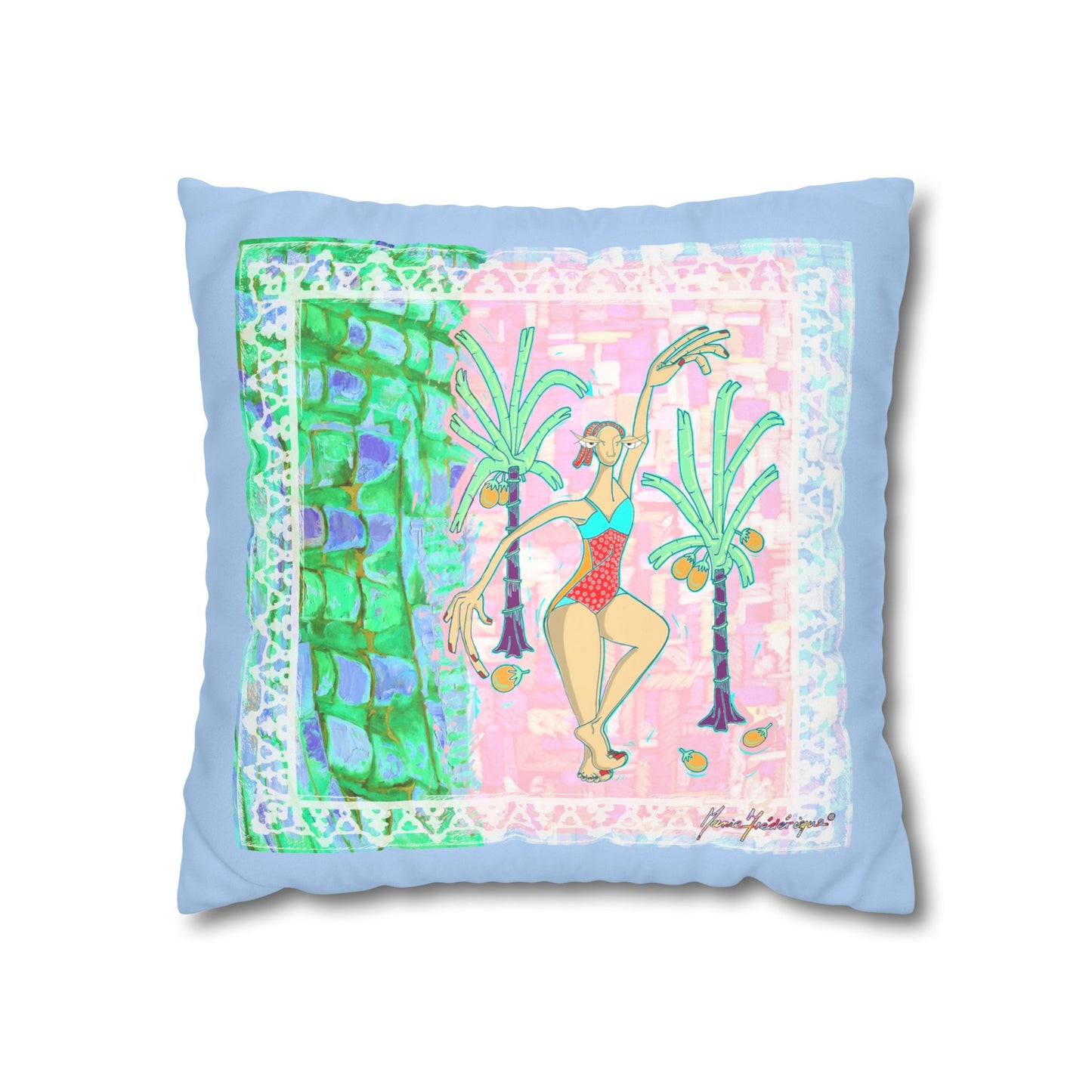 Tropical Dancer Faux Suede Pillowcase — Pastel Palm Beach Decorative Pillow Cover by artist Marie Frederique