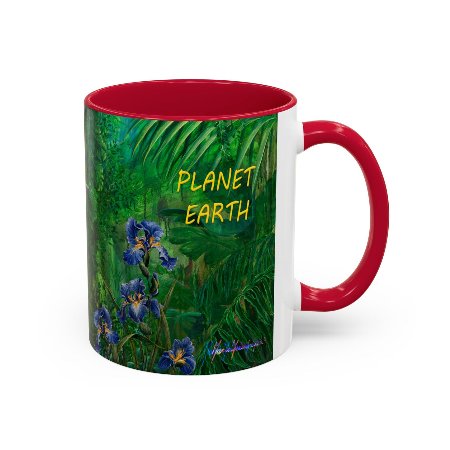 Parrots in Jungle Forest & Blue Iris mug by Artist Marie Frederique