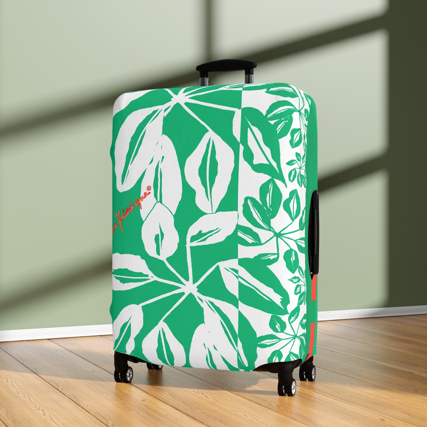 Luggage Cover, Tropical leaves in Green and White by artist Marie Frederique