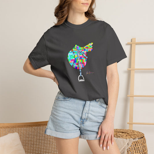 Saddle Patchwork T-Shirt — Colorful Equestrian Graphic Tee by artist Marie Frederique