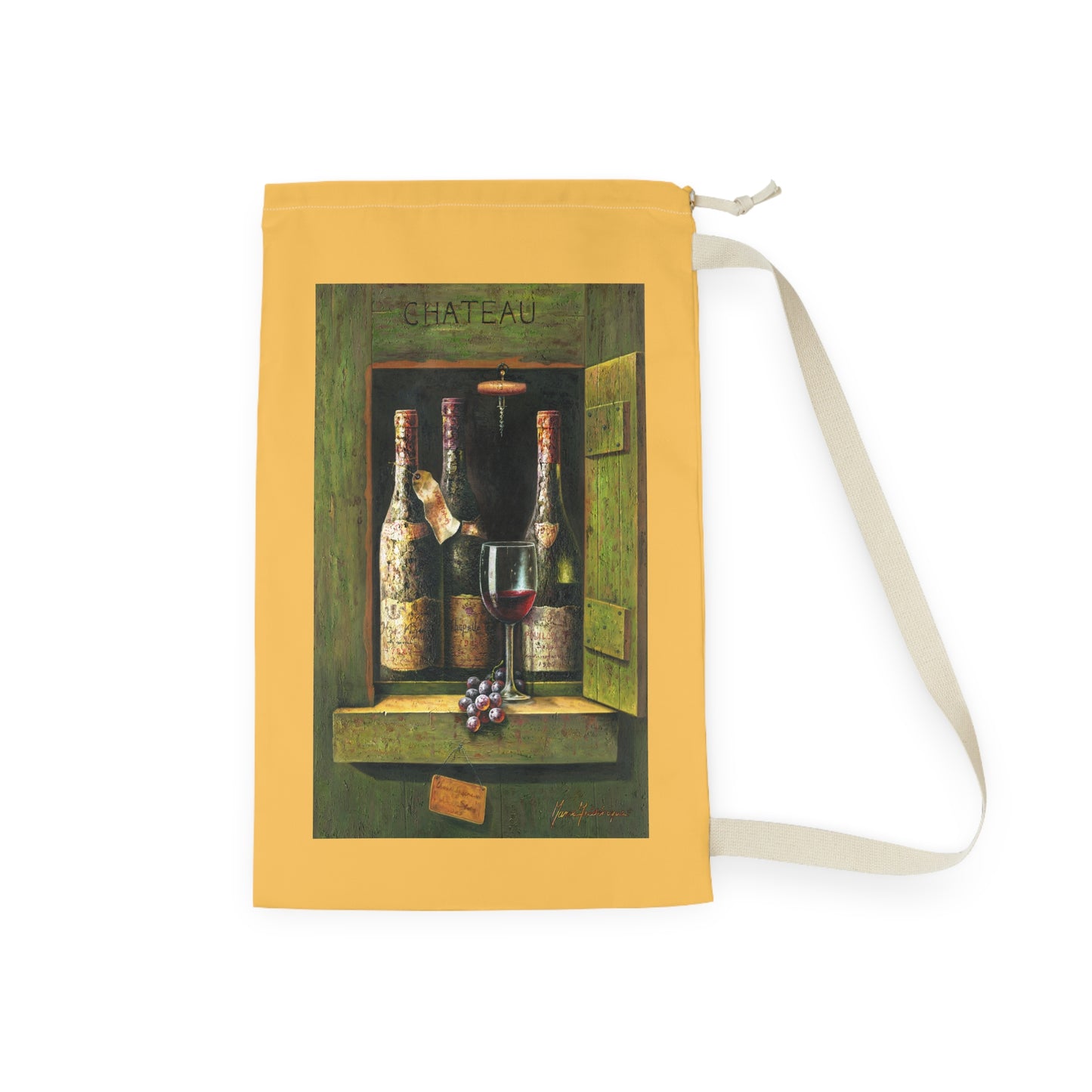 Wine Chateau Laundry Bag — Rustic Wine Bottle & Glass Print by artist Marie Frederique