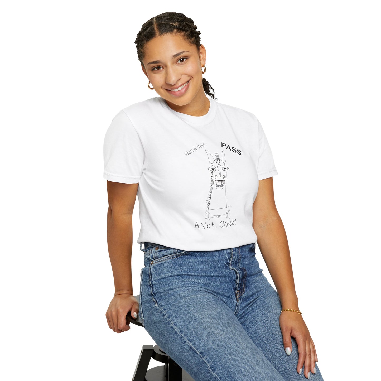 Vet Check - Whimsical horse poses the question "Would you PASS a Vet. Check?" Unisex Garment-Dyed T-shirt by artist Marie Frederique