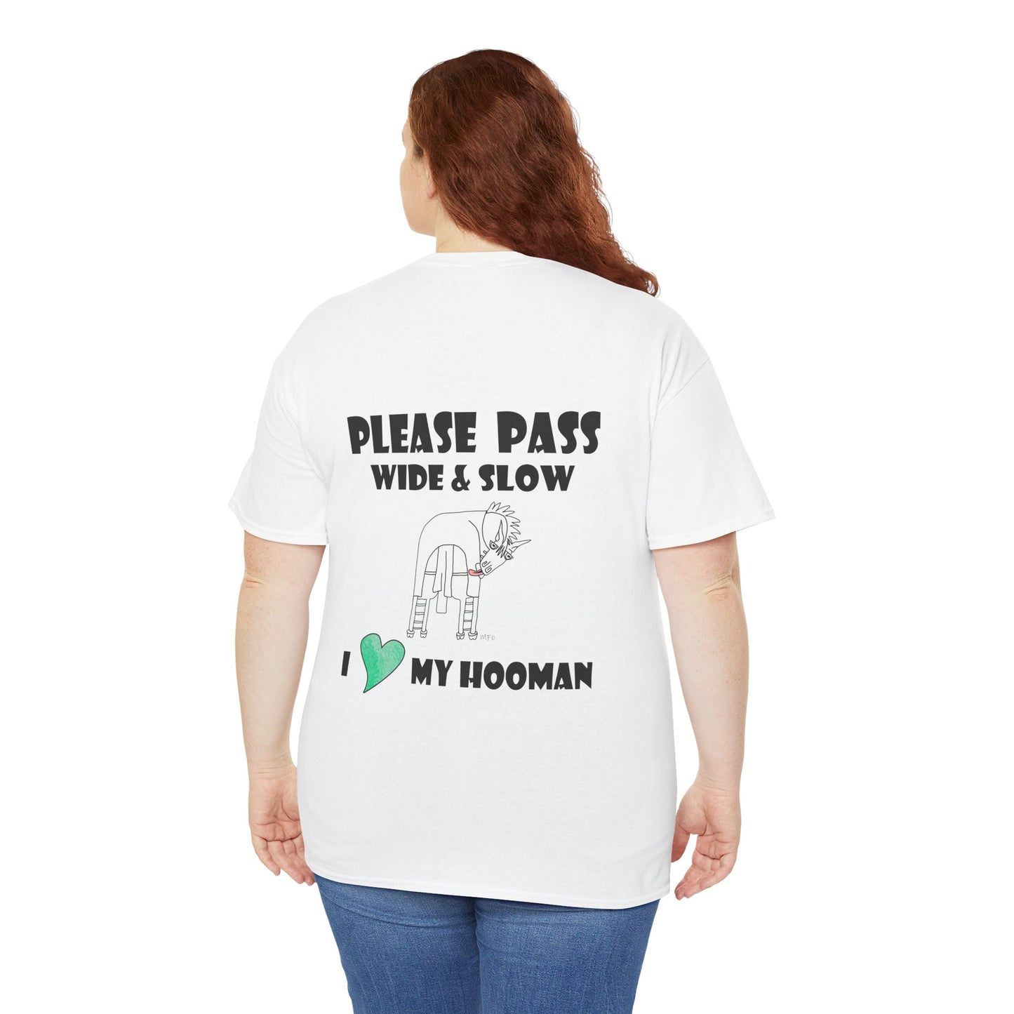 Equestrian safety awareness top - Please Pass Wide & Slow, I ❤️ My Hooman by artist Marie Frederique