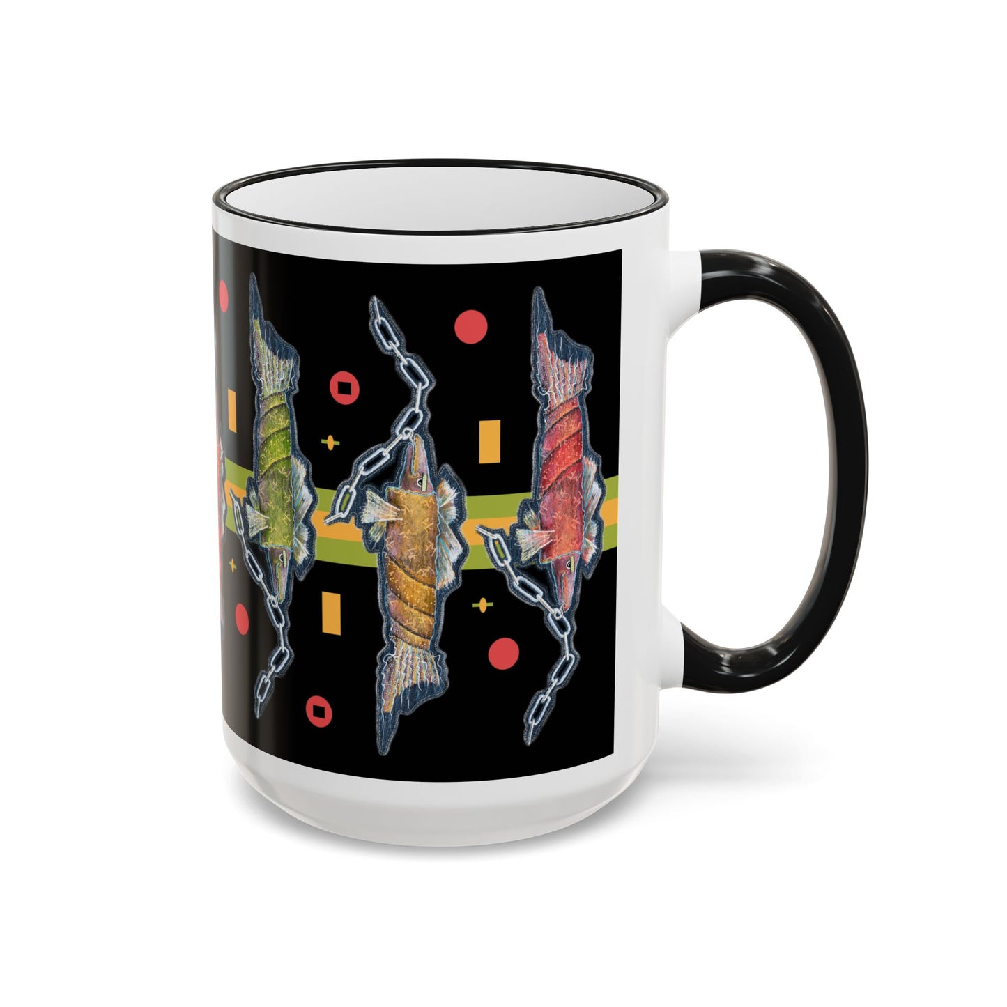 Abstract Neon Fish Pattern Mug — Accent Rim & Handle Ceramic Coffee Cup (11oz/15oz) by artist Marie Frederique